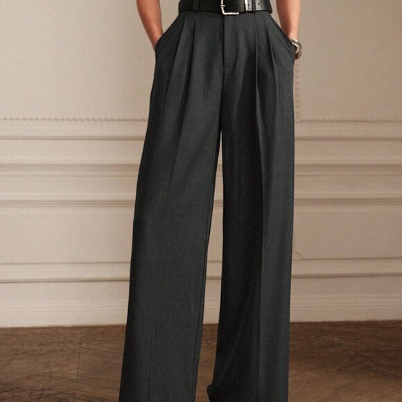 Grey Casual Women's Pleated Wide Leg Suit Pants - Picture 6 of 6